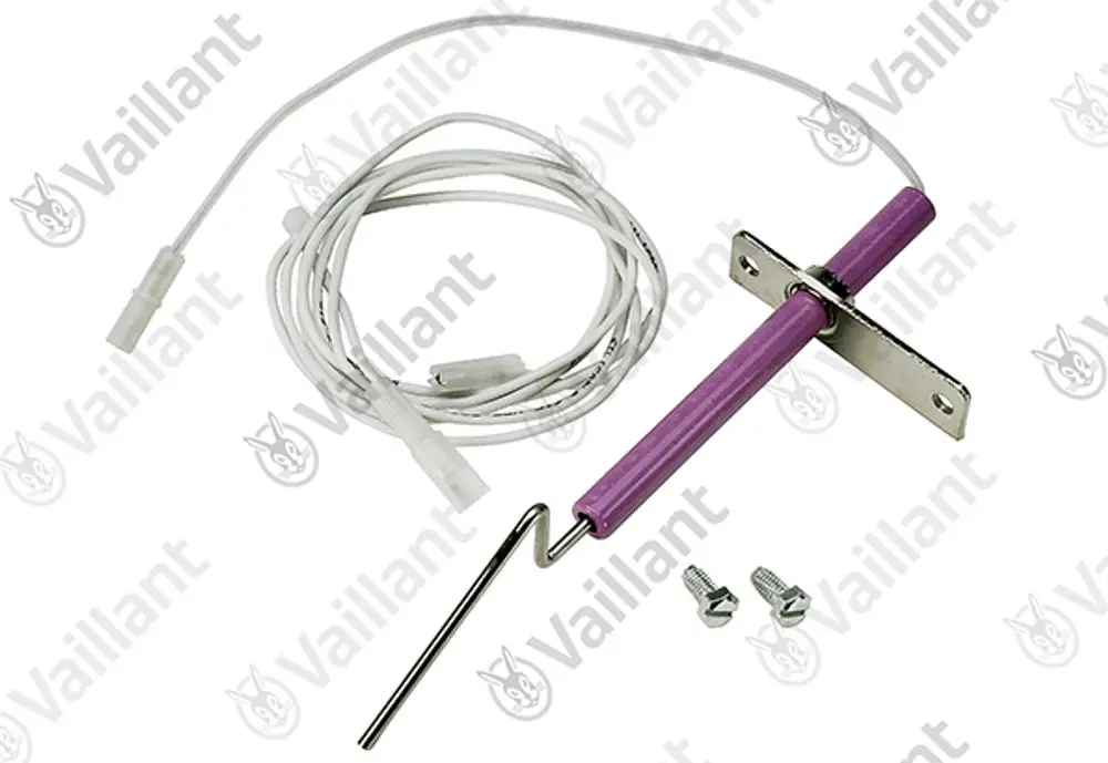 Vaillant Elektrode mit zwei Anschlüssen und Kabeln, ausgestattet mit einem metallenen Halter und einem gebogenen Ende für die Montage.